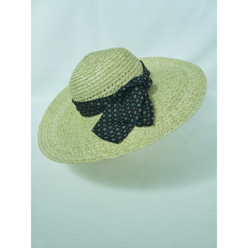 Women's Wide Brim Tan Paper Polyester Travel Sun Floopy Round Hat Bow Decor